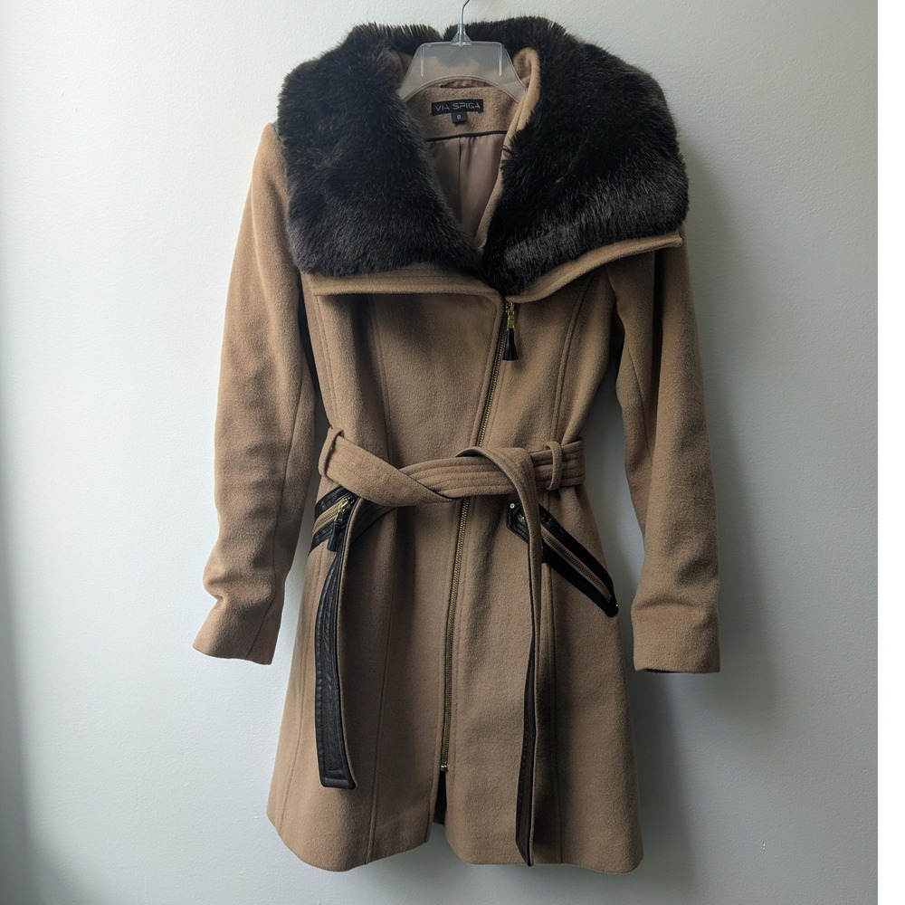 Via Spiga Wool Blend Coat Tan Faux Fur Collar Asymmetrical Zip Sz 8 Old Money